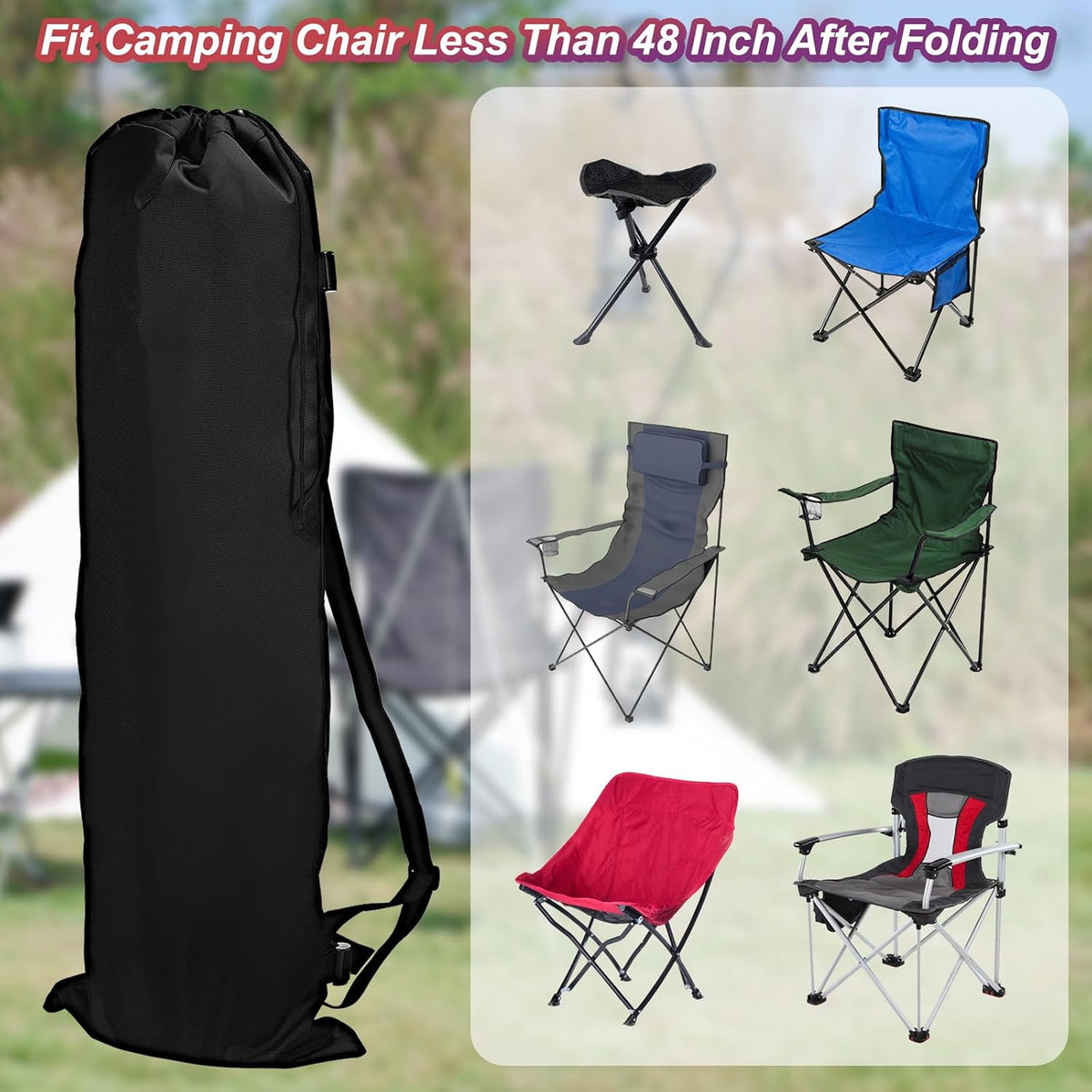 PATIKIL 48 Inch Camp Chair Replacement Bag, 2 Pack Foldable Camping Chair Bag 900D Oxford Large Mouth Carry Bag with Adjustable Shoulder Strap for Outdoor Camping, Black