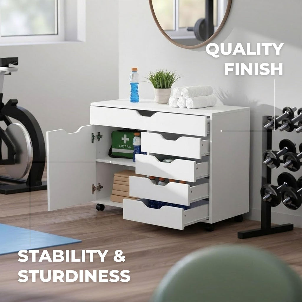 Winsome Halifax Mobile Storage Cabinet with 1 Door & 5 Drawers, White | Stylish & Functional Home Storage Cabinet for Filing, Kitchen Organization, Moveable Furniture for Office, Dorms, Apartments