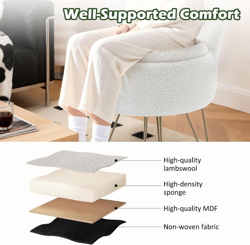 Korser Vanity Stool Chair with Storage and Folding Back, 13"x13"x27.6" Round Faux Fur Comfy Ottoman, 4 Metal Legs with Anti-Slip Feet, Makeup Chair for Living Room, Bedroom, Dressing Room