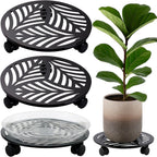 2 Packs Large Metal Plant Caddy with PU Wheels 12" Heavy-Duty Wrought Iron Rolling Plant Stands Indoor Outdoor Wheeled Plant Dolly Planter Mover Rollers Plant, Leaf Style