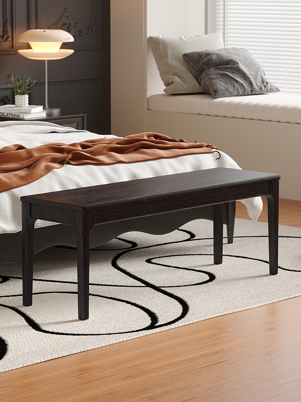 Dining Bench, Wood Bench Solid Oak Wooden Bench Indoor Dining Room Table Home Bedroom Bed End Restaurant Modern Hallway Furniture (Black, 51.2 "Wx 13.8" D x 17.7" H)