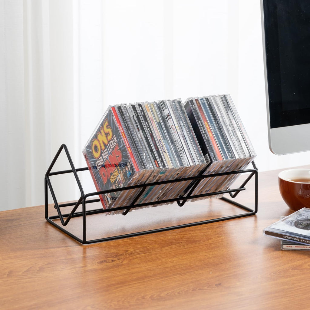 MyGift 3 Slot CD Holder, 30 Capacity Black Metal Media Organizer Rack | Three-slot stand stores up to 30 jewel cases for CDs, DVDs, and video games in a compact tabletop design