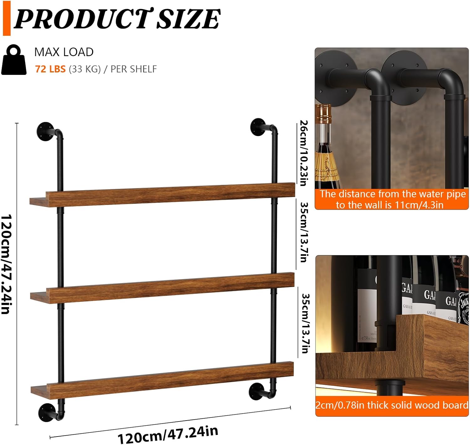 Large Wine Rack Wall Mounted with LED Light, Solid Wood Bar Shelves Wall Mounted, 3-Tiers Liquor Bottles Floating Shelves Display Storage Organizer for Home Bar, Dining Room (47.2 inch)