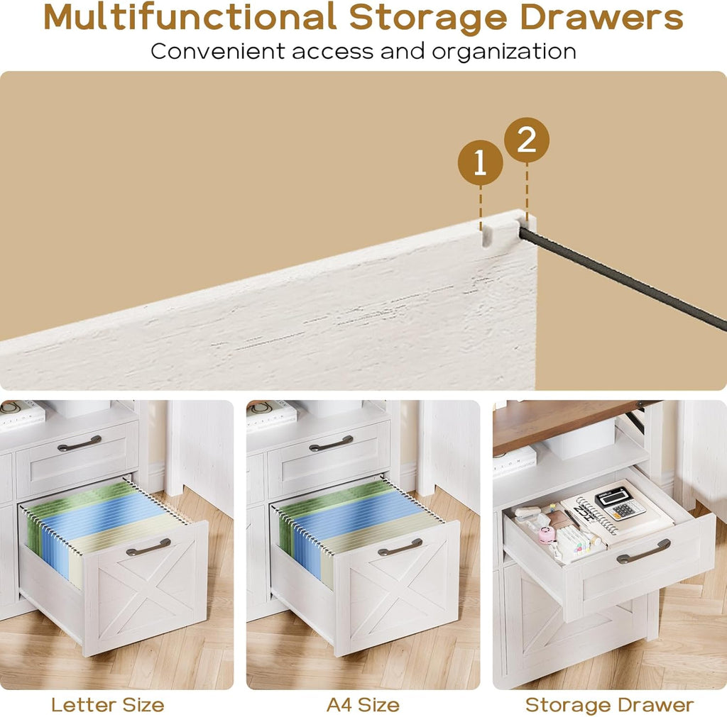 Farmhouse 4 Drawer File Cabinet with Open Storage Shelf, Lateral Filing Cabinet Fits Letter/A4/ Size, Home Office Filing Organizer, Document Storage Printer Stand for Office and Home. Uunique White