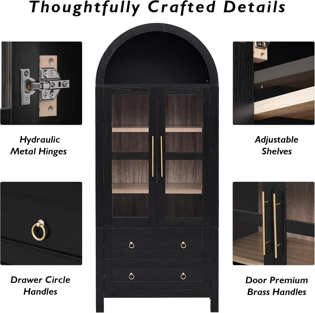71" Tall Arched Kitchen Pantry with Glass Doors and 2 Large Drawers, Farmhouse Kitchen Storage Cabinet with Adjustable Shelves, Wood Versatile Cupboard for Dining Room (Black-3.12)