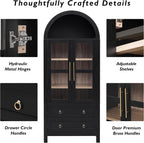 71" Tall Arched Kitchen Pantry with Glass Doors and 2 Large Drawers, Farmhouse Kitchen Storage Cabinet with Adjustable Shelves, Wood Versatile Cupboard for Dining Room (Black-3.12)