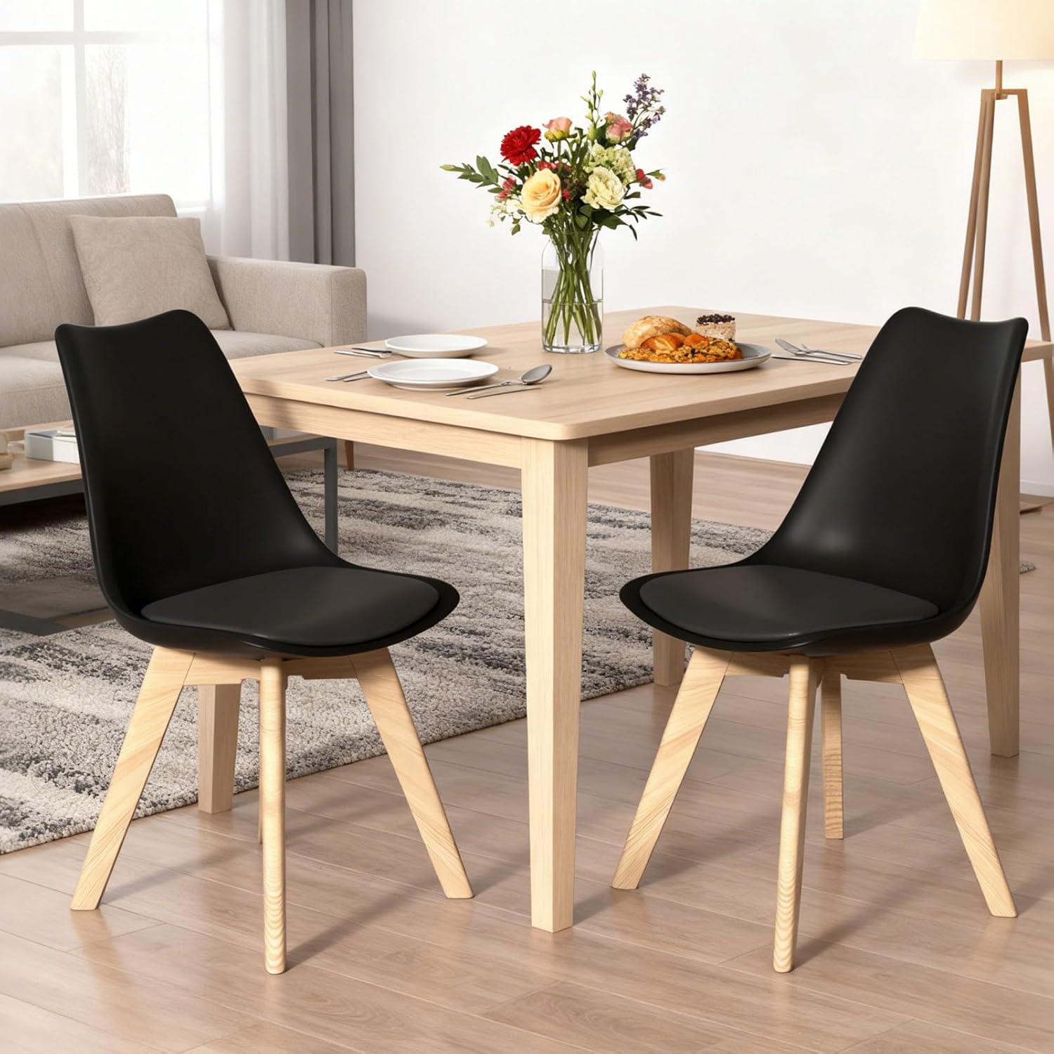 Dining Chairs Set of 4, Mid-Century Kitchen & Dining Room Chairs with Wood Legs and Cushion, Leather Dining Chairs Set for Living Room, Kitchen, Black 4 Pack