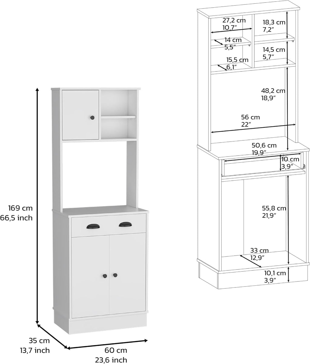White 3-Door Kitchen Cabinet with Drawer & Microwave Space - Small Kitchen Storage