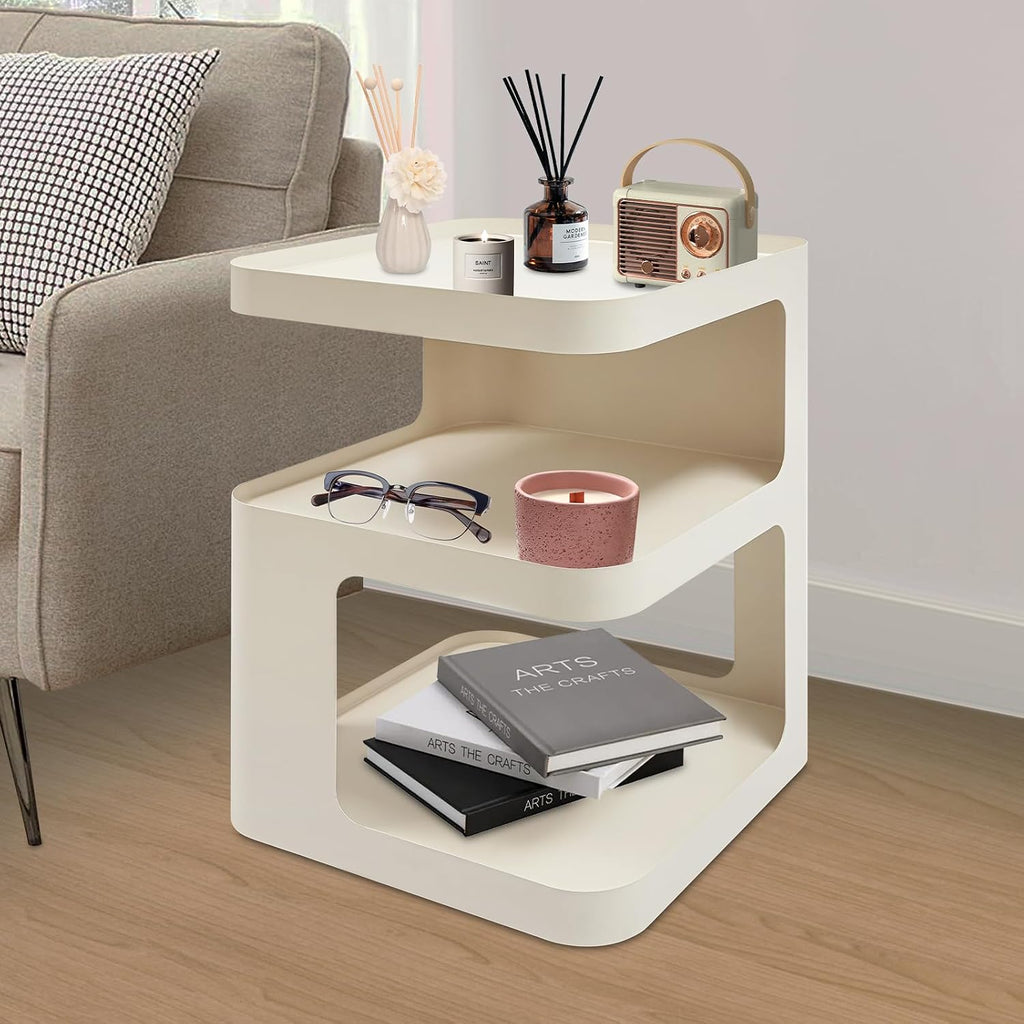 Modern Metal Side Table with Storage - No Assembly Small End Table & Nightstand for Bedroom,Living Room,Couch - Compact Accent Table for Small Spaces,Durable Bedside Table (Cream)