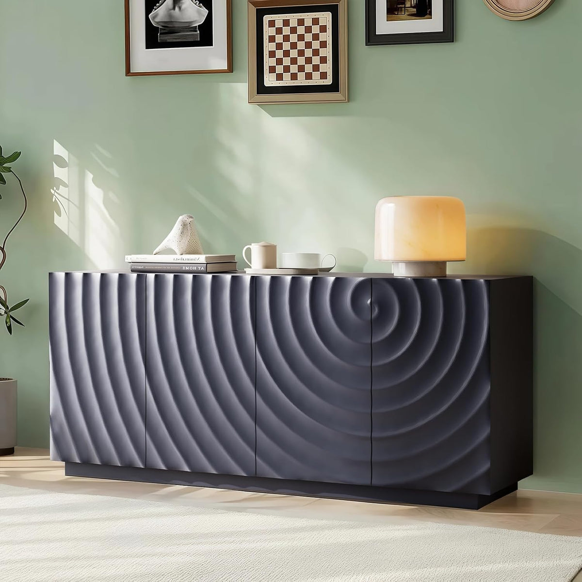 LKTART 59" Sideboard Buffet Cabinet with Storage, 4 Doors Modern Accent Storage Sideboard, Floor Cabinet Buffet with Spiral Grain for Kitchen, Living Room (Blue)