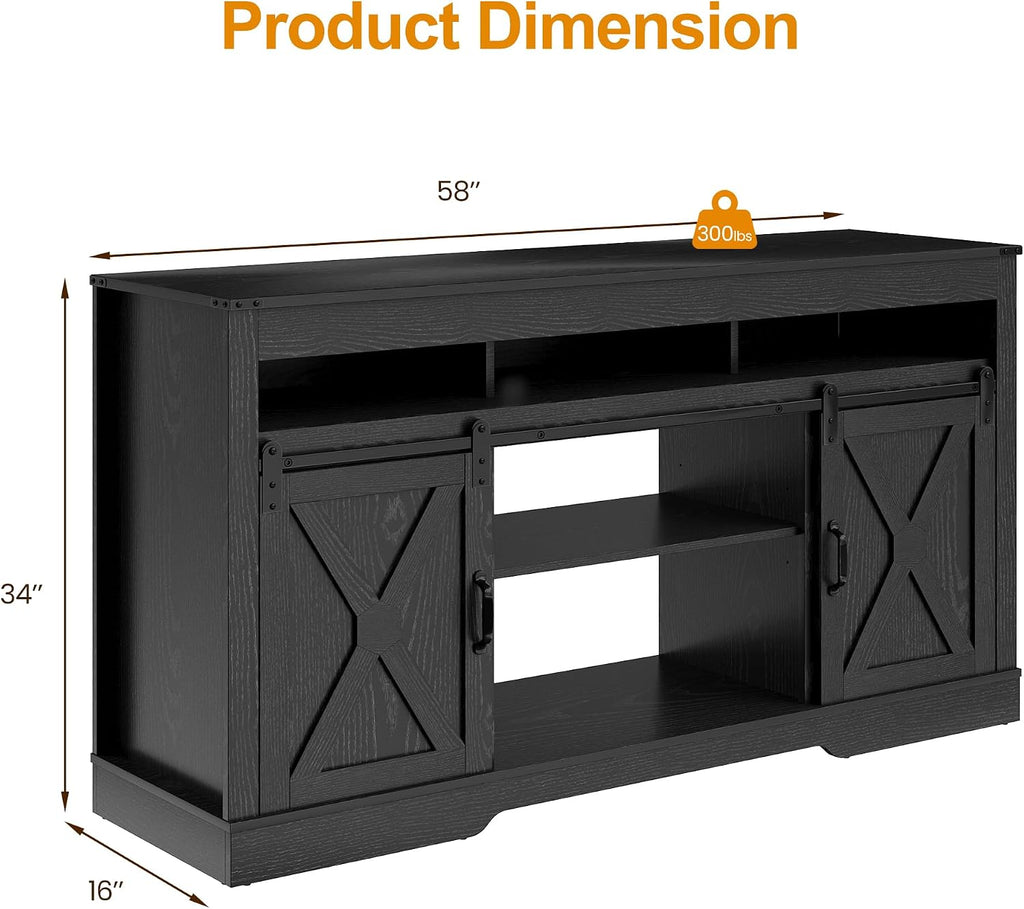 RoyalCraft Farmhouse TV Stand for 65+ Inch TV, Tall Entertainment Center | with Storage Cabinets and Sliding Barn Doors, Mid Century Modern Media TV Console Table for Living Room (Black)
