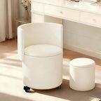 JPBSTO Rolling Round Vanity Chair with Storage, Swivel Makeup Chair with Folding Back, PU Leather Small Upholstered Ottoman for Bedroom Living Room