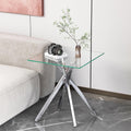 Modern Square End Table with Glass Top, Glass End Side Table for Living Room Office, 17.72 x 17.72 x 20.87 inches, Silver Metal X-Base, Adjustable Feet (1, Silver)