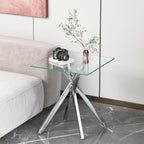 Modern Square End Table with Glass Top, Glass End Side Table for Living Room Office, 17.72 x 17.72 x 20.87 inches, Silver Metal X-Base, Adjustable Feet (1, Silver)