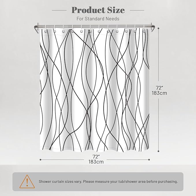 Punkray Black and White Striped Wavy Line Polyester Shower Curtain for Bathroom with Hooks, Weighted Hem, Waterproof Bath Accessories Hotel Style, 72 x 72