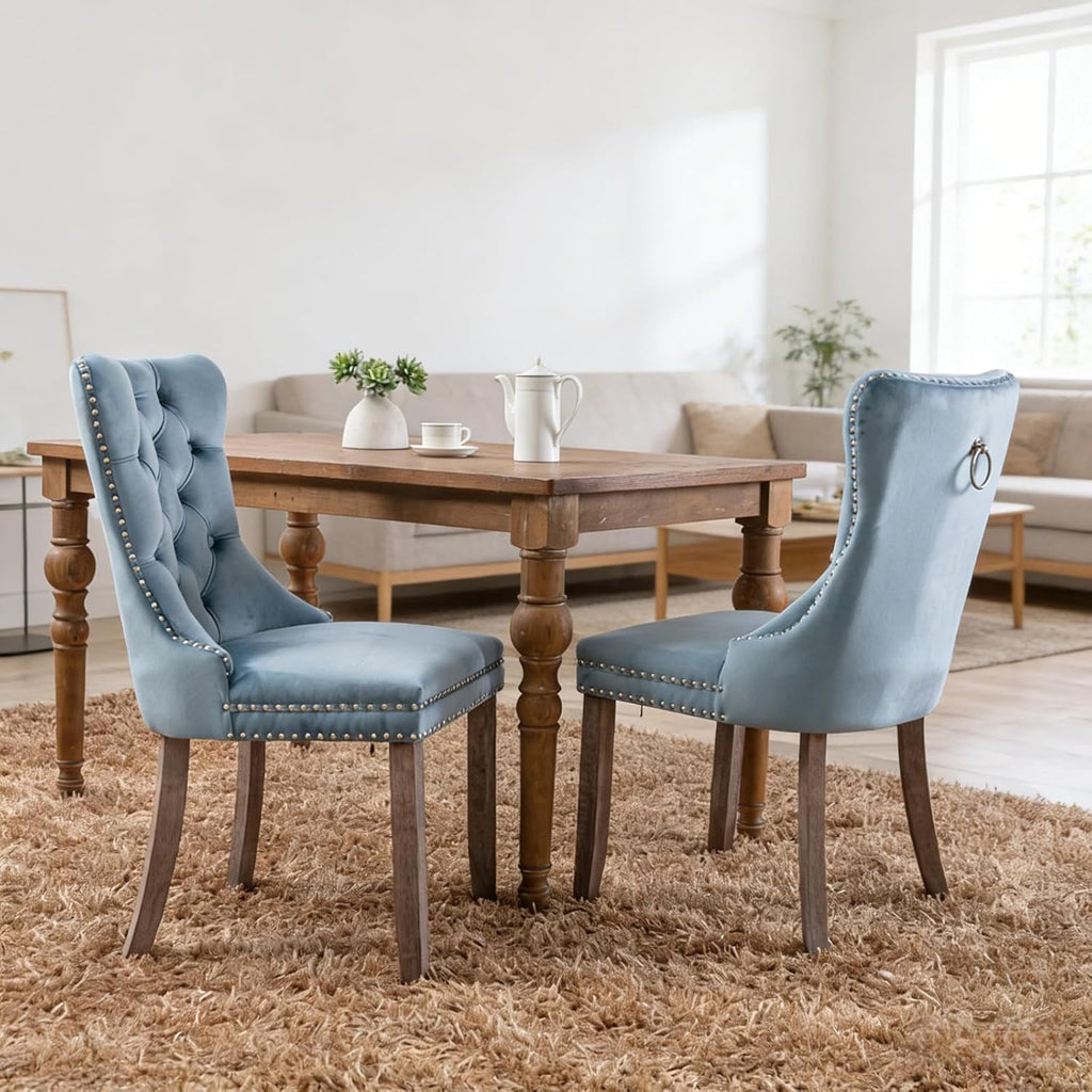 Dining Chairs Set of 2, Dining Chair with Velvet Upholstery Seat & Contoured Backrest, Solid Wood Living Room Chair with Nail Head Details, Hand-Made Pull-Up, Support up to 280 Lbs, Light Blue
