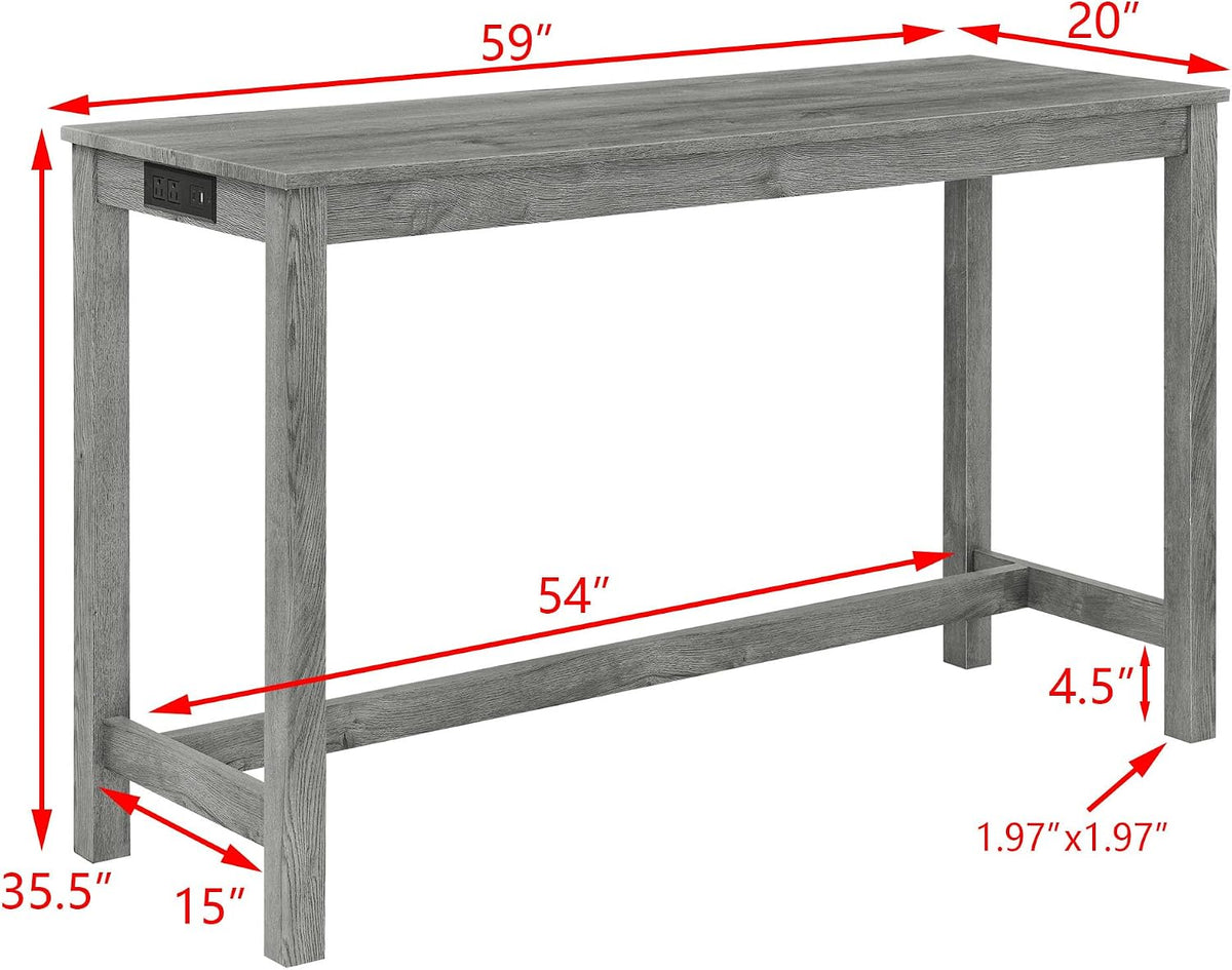 Knocbel Industrial 3-Person Counter Height Rectangle Bar Table Set with Power Outlet, 4-Piece Dinette Set with Padded Seat Stools, Apartment Condo Small Space Pub Bistro Dining Furniture Set (Grey)
