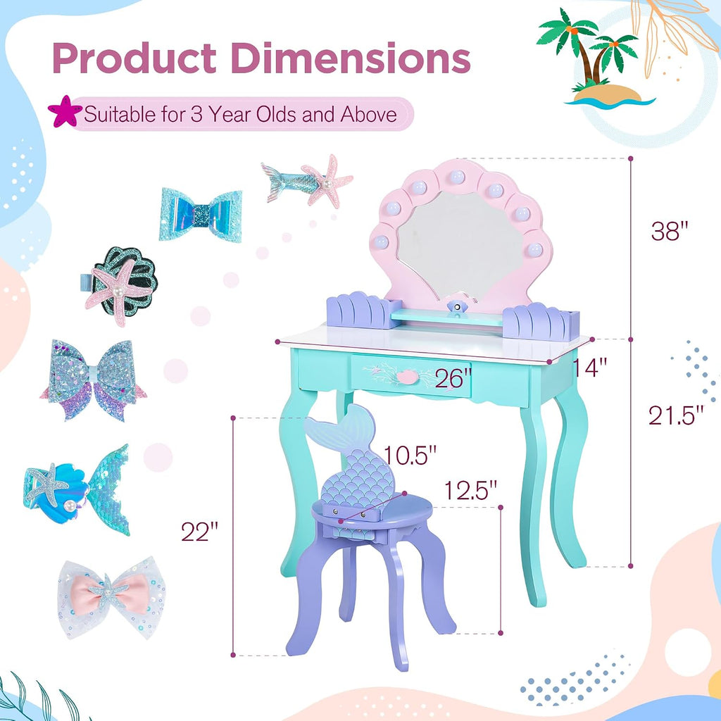 Vanity Set with Lights & Mirror, Wooden Dressing Table and Chair | 2 in 1 Ocean Theme Makeup Table and Stool Set, Little Girls Princess Pretend Play Set, Accessories, Kids Vanity for Birthday
