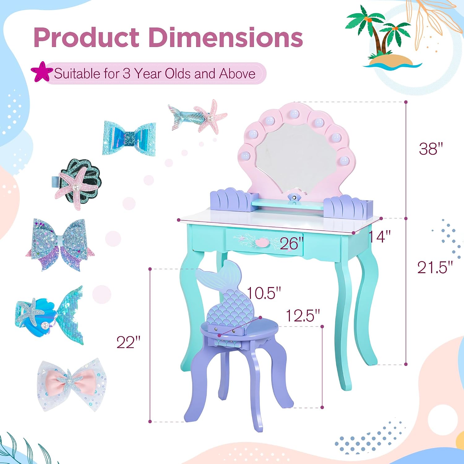 Vanity Set with Lights & Mirror, Wooden Dressing Table and Chair | 2 in 1 Ocean Theme Makeup Table and Stool Set, Little Girls Princess Pretend Play Set, Accessories, Kids Vanity for Birthday