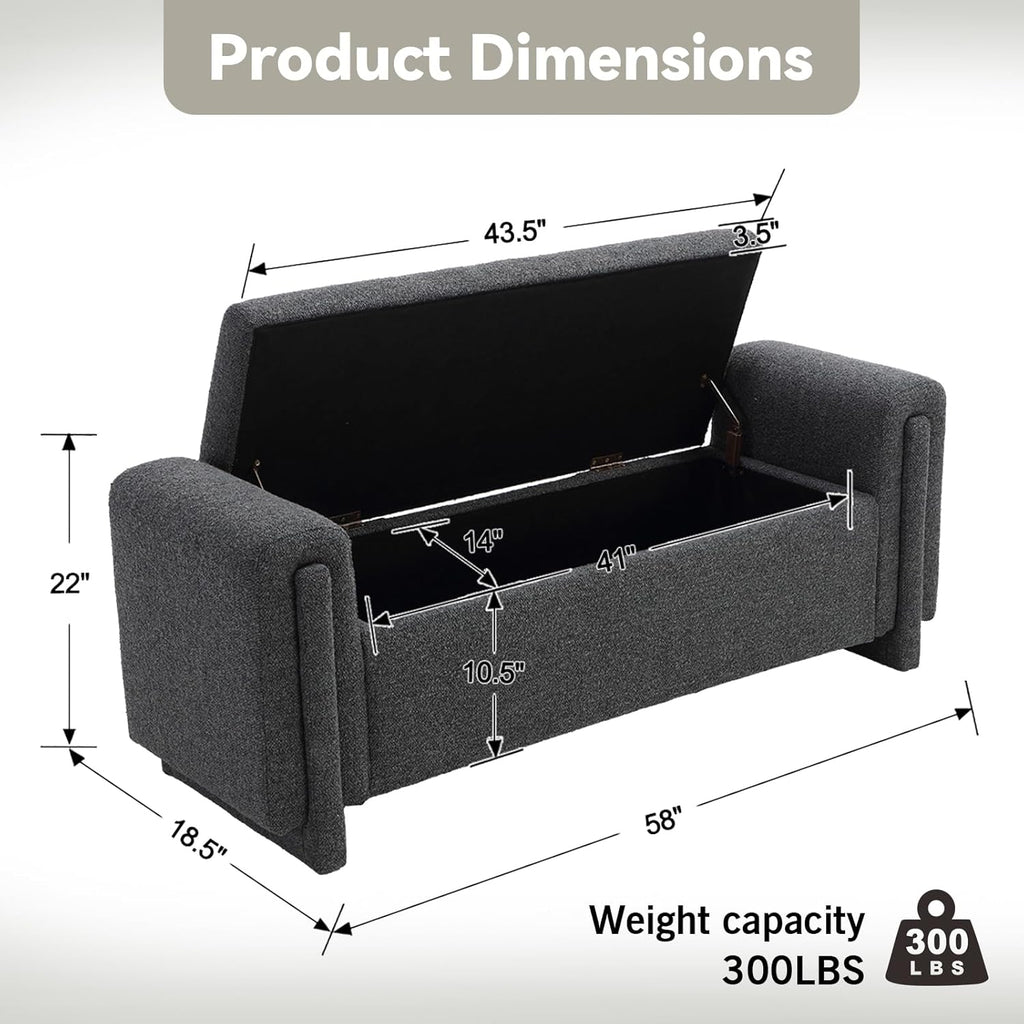 CIMOTA Modern Storage Ottoman Bench, 58” Large Upholstered Storage Bench with Armrests, Boucle Fabric Bedroom End of Bed Bench-Comfy Padded Footstool for Living Room, Entryway, Black
