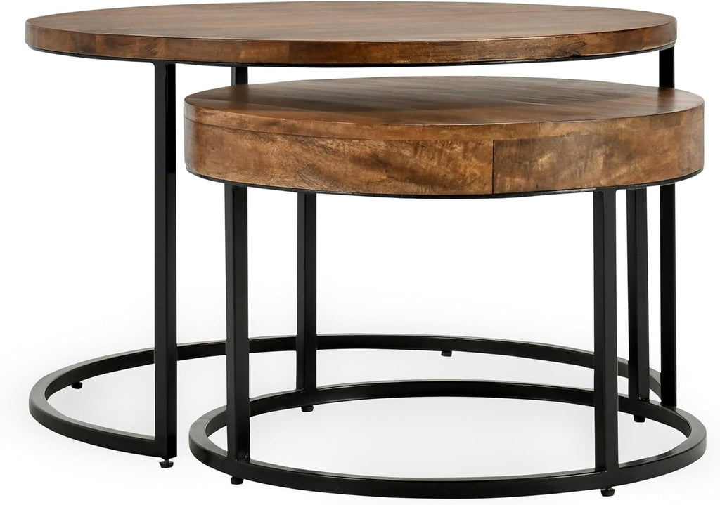 32" Natural Grain Side Coffee Table, Small Nesting Tables with Sturdy Iron Base, Nesting Table Set with Transitional Styling for Versatile Home Usage Areas, Brown+Black