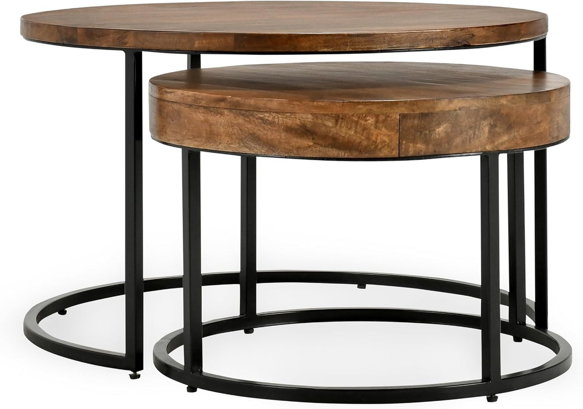 32" Natural Grain Side Coffee Table, Small Nesting Tables with Sturdy Iron Base, Nesting Table Set with Transitional Styling for Versatile Home Usage Areas, Brown+Black