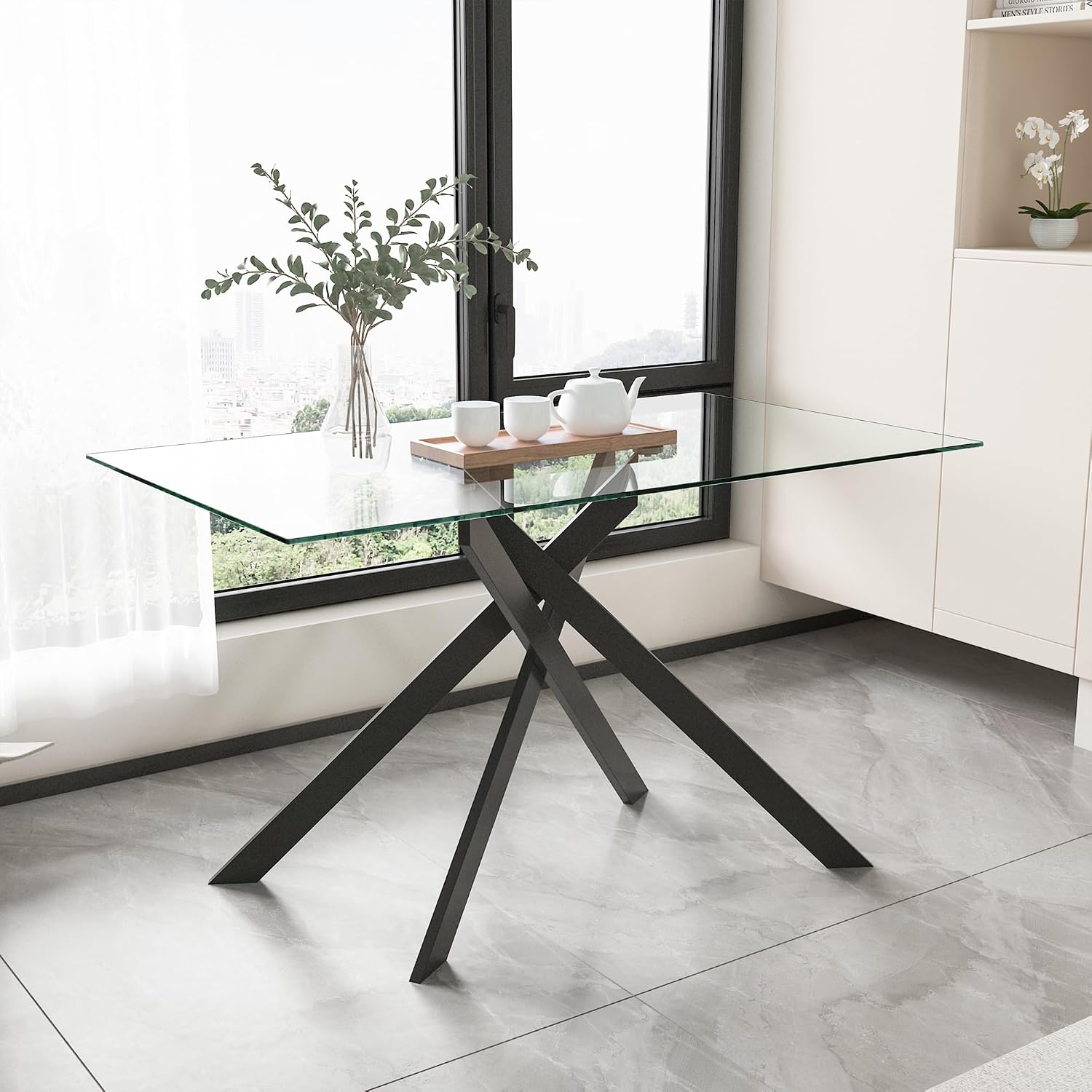Modern Dining Table for 4-6 People, 51" Rectangle Dining Room Table with Black Chrome Metal X-Legs, Rectangular Tempered Glass Dining Table, Kitchen Dining Room Tables Luxury Dinner Table