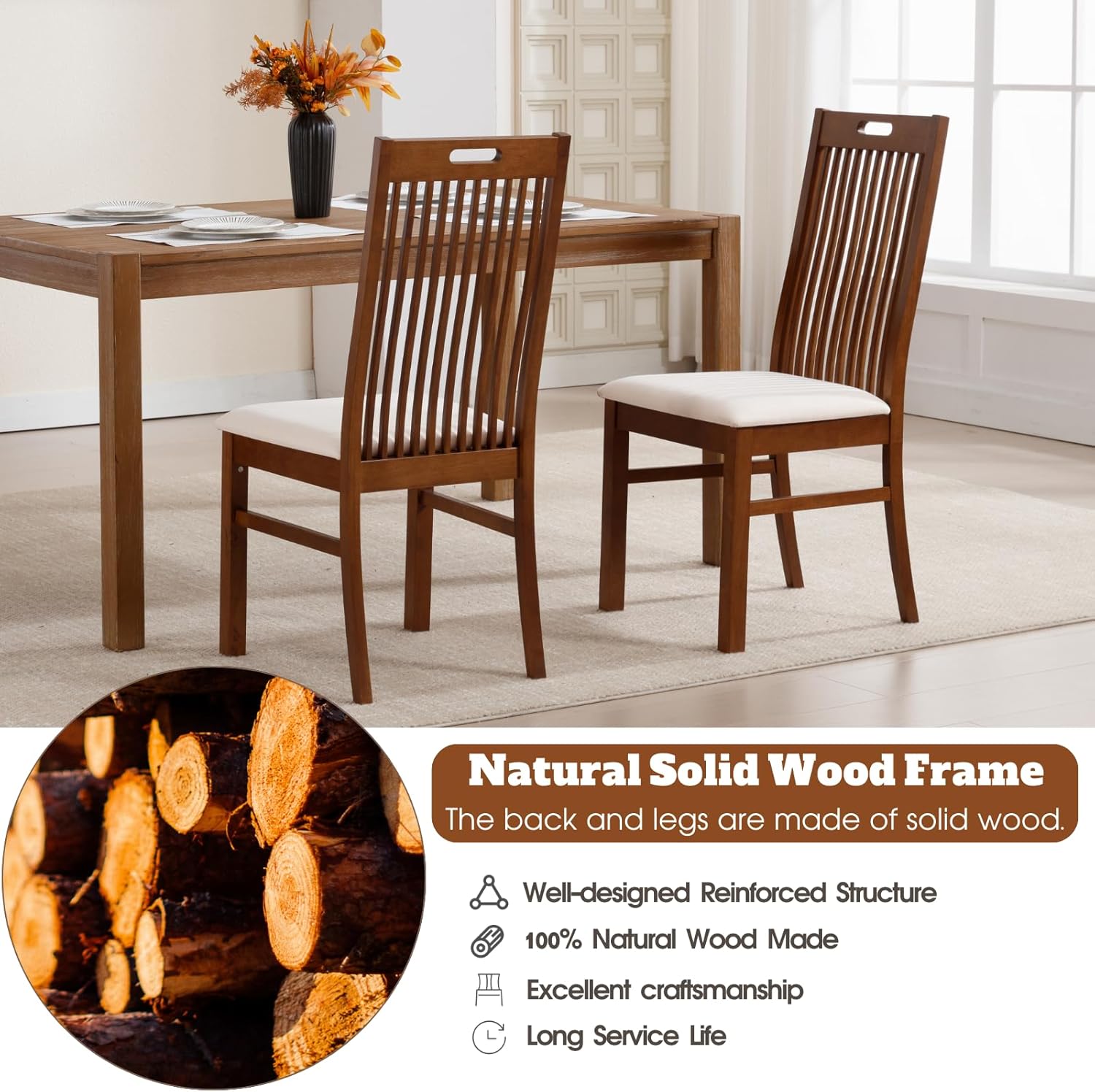 CIMOTA Walnut Wood Dining Chairs Set of 2, Farmhouse Wooden Kitchen Chairs with Spindle Slat High Back/Upholstered Seat Traditional Windsor Side Chairs for Dining Room/Living Room/Restaurant