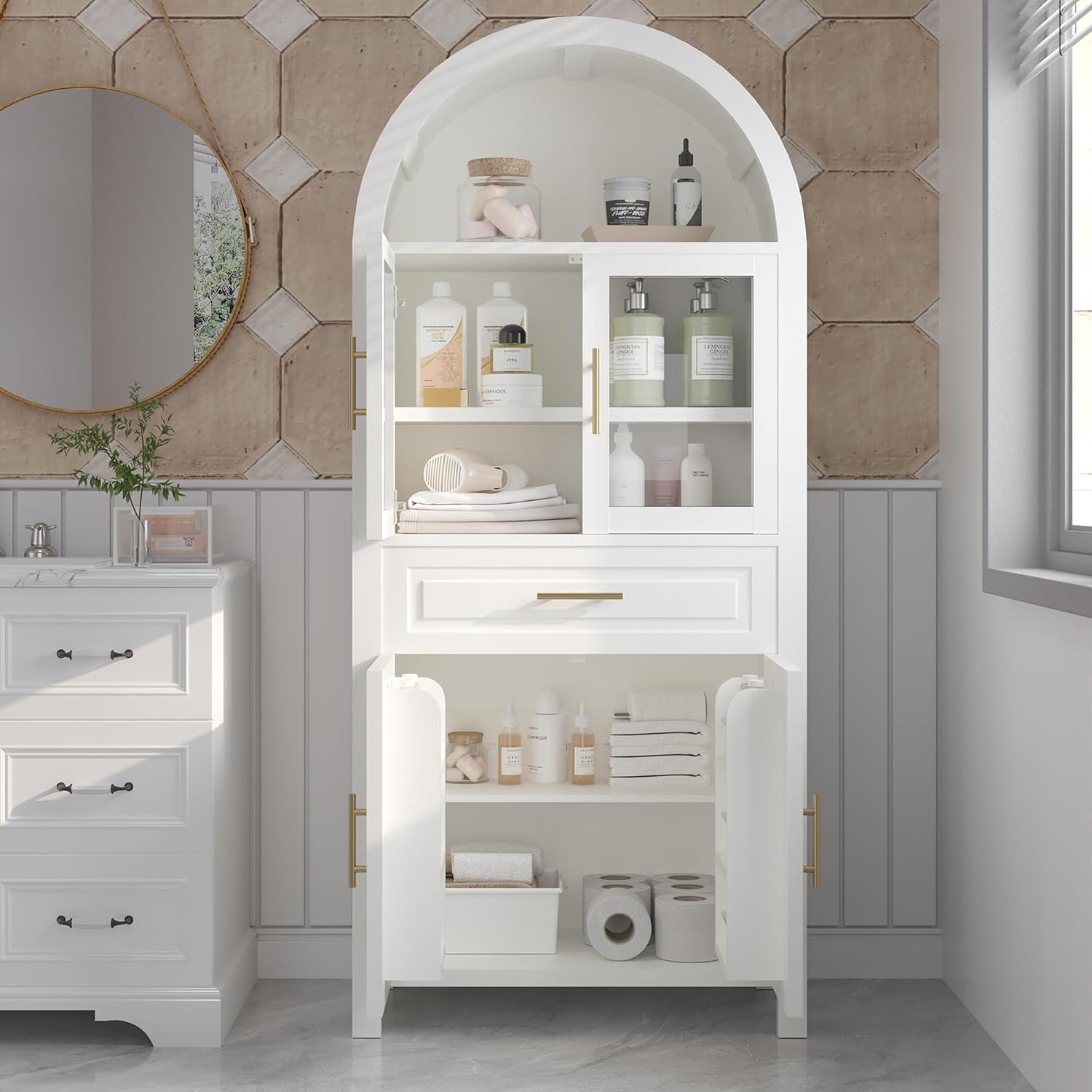 roomfitters 71" Tall Arched Farmhouse Pantry Cabinet with Glass Barn Doors & Pull-Out Drawer, White