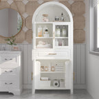 MERITLINE Farmhouse Style Arched Pantry Cabinet - 71" Tall Storage Cabinet with Glass Door, Adjustable Shelves & Barn Door Design for Kitchen, Dining or Living Room (White)