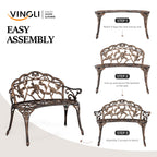 VINGLI 38.5" Patio Park Garden Outdoor Metal Rose Bench, 2-Person Cast Iron Cast Aluminium Frame Antique Finish Chair,Accented Lawn Front Porch Path Yard Decor Deck Furniture (Bronze, Rose)