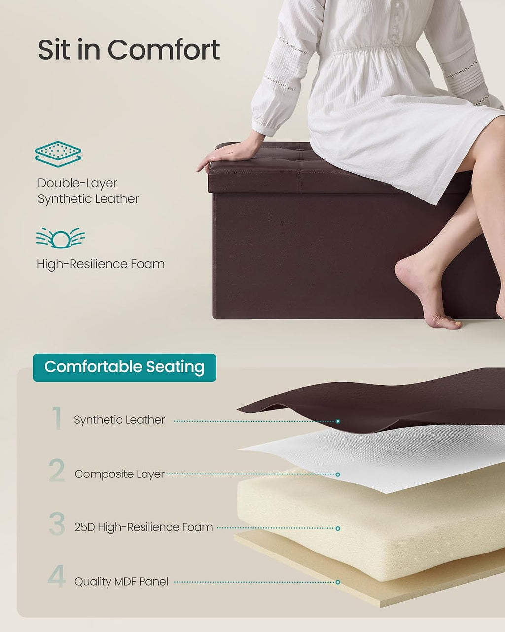 SONGMICS Storage Ottoman Bench, 43.3 Inches Folding Foot Rest Stool | PU Leather, Easy Assembly, for Living Room, Bedroom, Entryway, Rustic Walnut and Ink Black, MINOTA Collection ULSF703