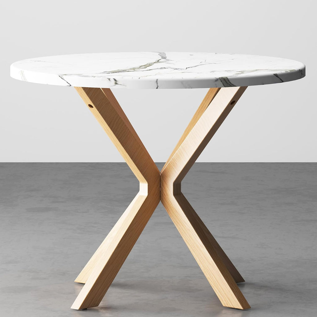 DlandHome Round Dining Table for 4, 39.4 Inches Kitchen Table with X Shaped Wooden Pedestal Base, Circle Dinner Tables for Dining Room, Kitchen, Living Room(Table Only), Marble & Oak Color