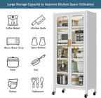 65" Metal Kitchen Cabinet with Transparent Doors, 6-Tier Rolling Pantry Cabinet on Wheels - Sturdy Adjustable Shelves, Mobile Storage Buffet Cabinet for Kitchen, Living Room, Dining Room(White)