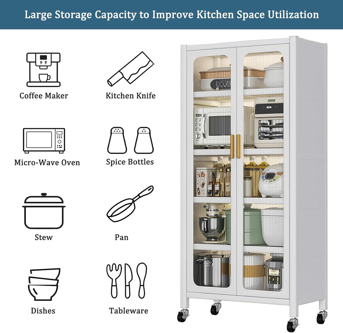 65" Metal Kitchen Cabinet with Transparent Doors, 6-Tier Rolling Pantry Cabinet on Wheels - Sturdy Adjustable Shelves, Mobile Storage Buffet Cabinet for Kitchen, Living Room, Dining Room(White)