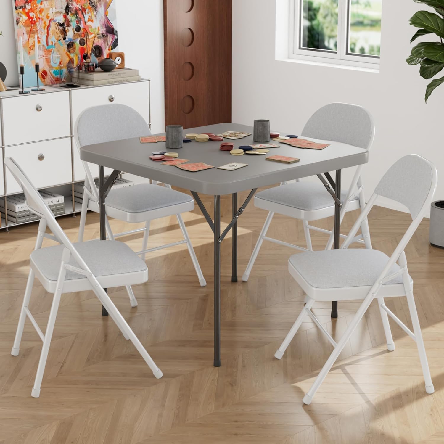 VECELO 5 Piece Folding Card Table Square and Chairs Set, Collapsible Legs & Portable for Indoor/Outdoor, Picnic, Grey & Light Grey