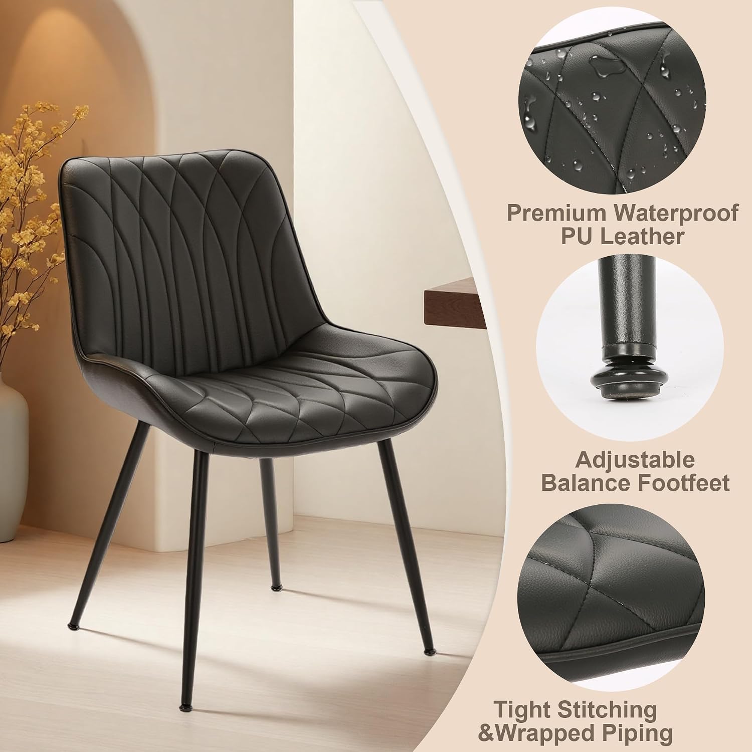 GarveeHome Dining Chairs Set of 6, Modern Dining Room Chairs with Thick Cushions, Upholstered Faux Leather Cushion Seat and Sturdy Metal Legs, Kitchen Side Armless Chair Black