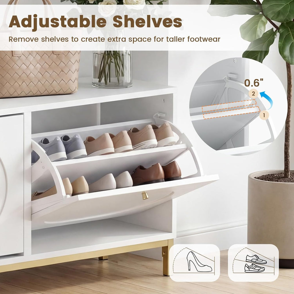 GOFLAME Shoe Storage Bench, Narrow Entryway Bench with 2 Flip Drawers, Adjustable Shelves and Metal Legs, Modern Shoe Rack Organizer, Shoe Cabinet for Hallway, Living Room, Bedroom