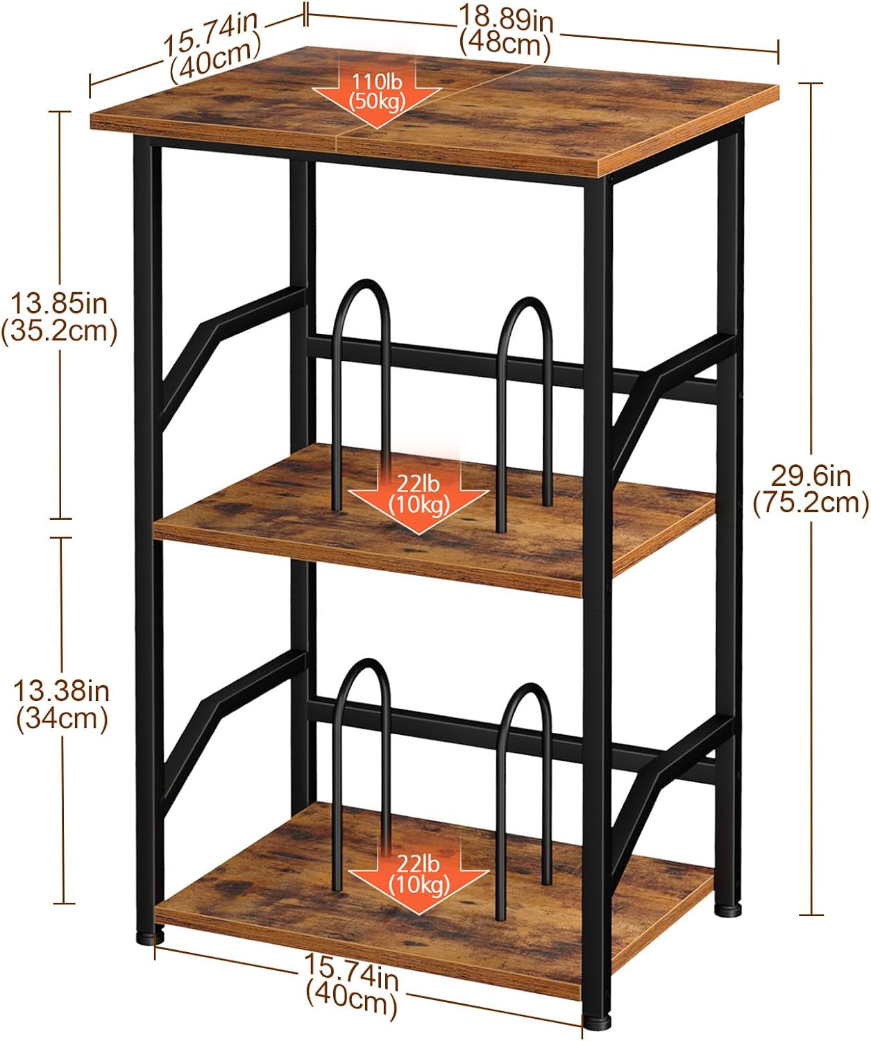 LOAKEKEL Record Player Stand, Large Vinyl Record Storage Up to 200 Albums, 3 Tier End Table with Removable Dividers, Tall Side Table for Living Room, Bedroom, Rustic Brown, HETCD020BR-1