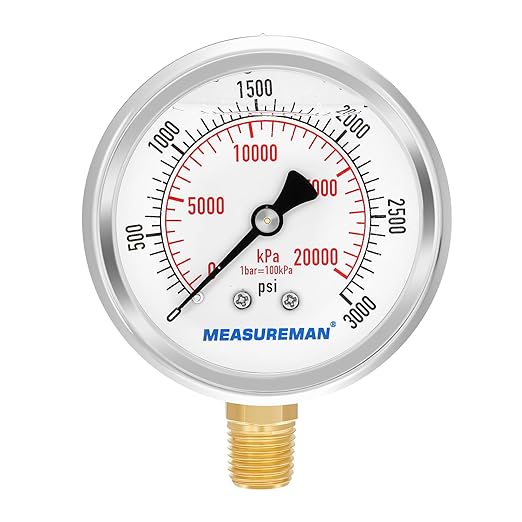 MEASUREMAN 2-1/2" dial,Glycerin Filled, Stainless Steel case, Brass Inside, 0-3000psi/kpa,1/4" NPT Lower Mount
