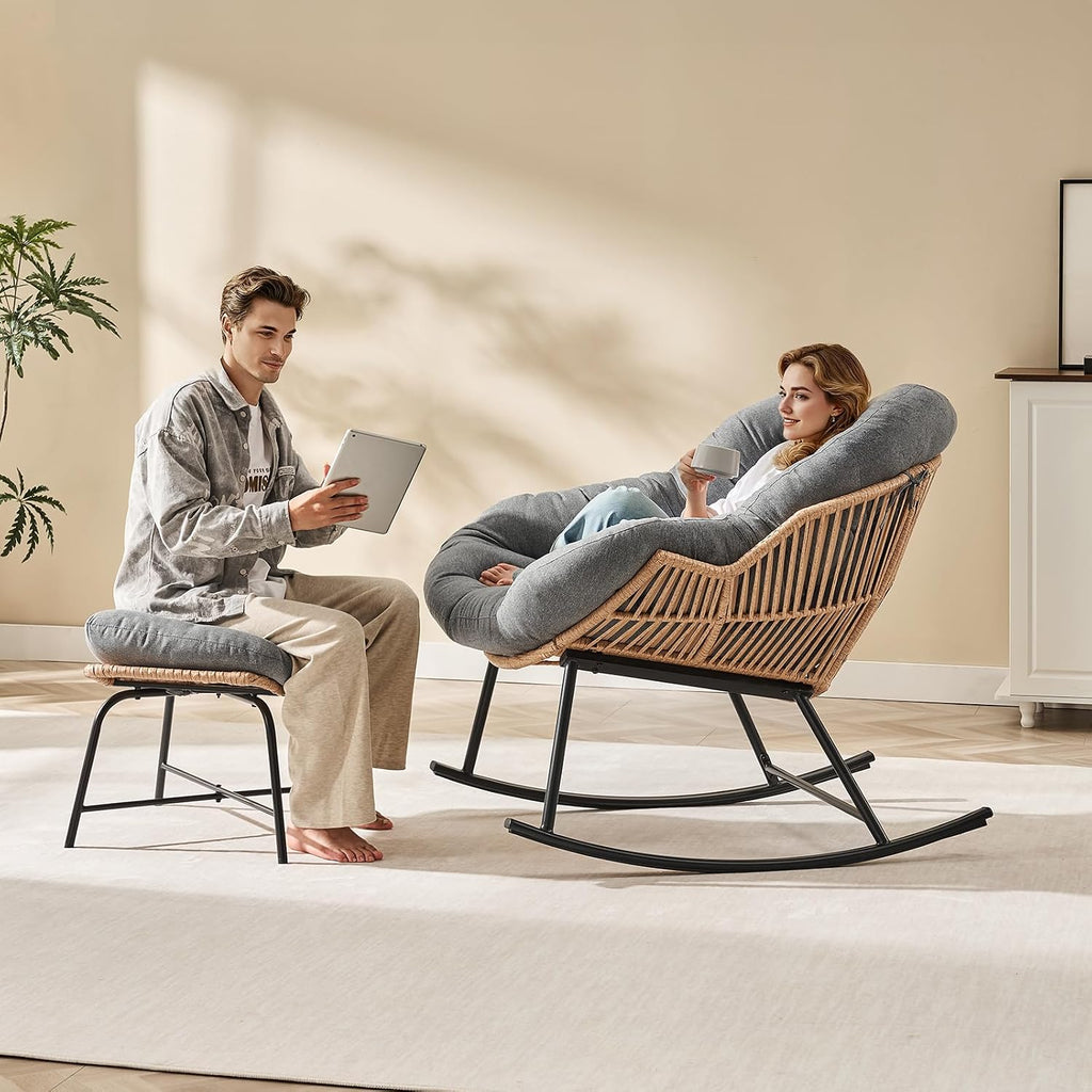 ONBRILL Papasan Rocking Chair with Ottoman,Oversized Papasan Chair with Padded Cushion, Indoor & Outdoor Rocker Chair for Living Room, Patio, Garden, Light Gray