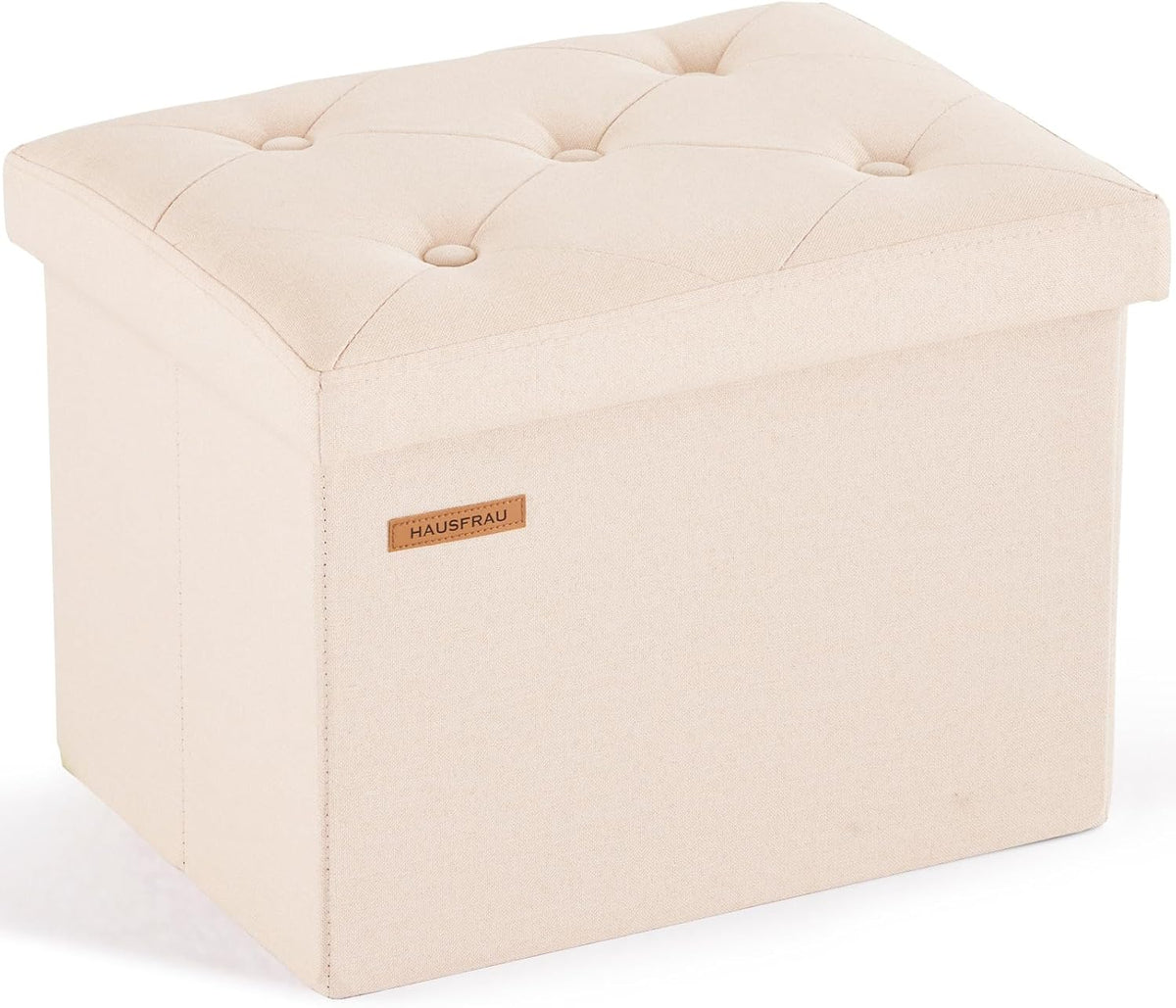 HAUSFRAU Ottoman Storage Bench Small Folding Foot Rest Stool Linen Beige | Small Footrest Footstool, Bedroom Bench, Living Room Dorm Ottoman, Rectangle, Upholstered Botton Tufted