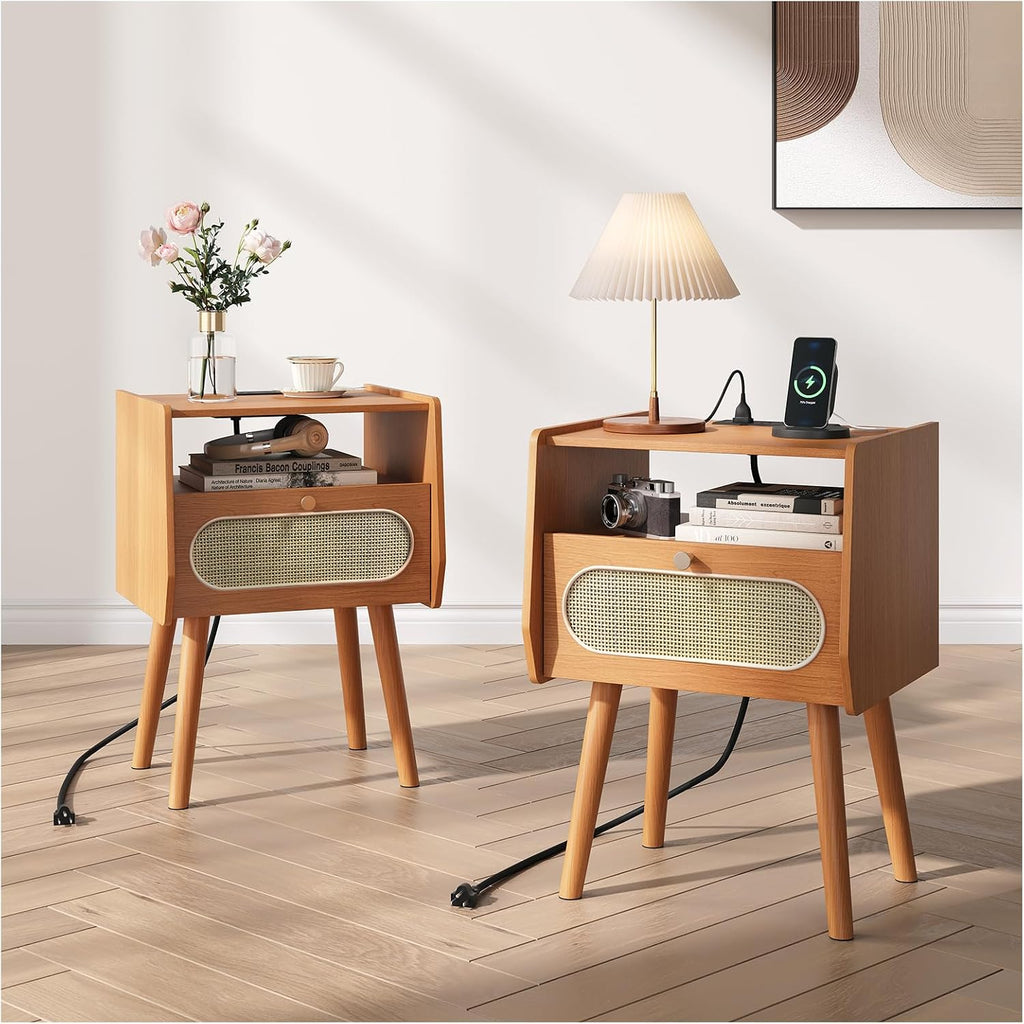 Nightstands Set of 2,Mid Century Modern Side Table with Charging Station & Rattan Drawer,Bedroom End Tables with Solid Wood Legs,Cherry