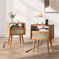 Nightstands Set of 2,Mid Century Modern Side Table with Charging Station & Rattan Drawer,Bedroom End Tables with Solid Wood Legs,Cherry