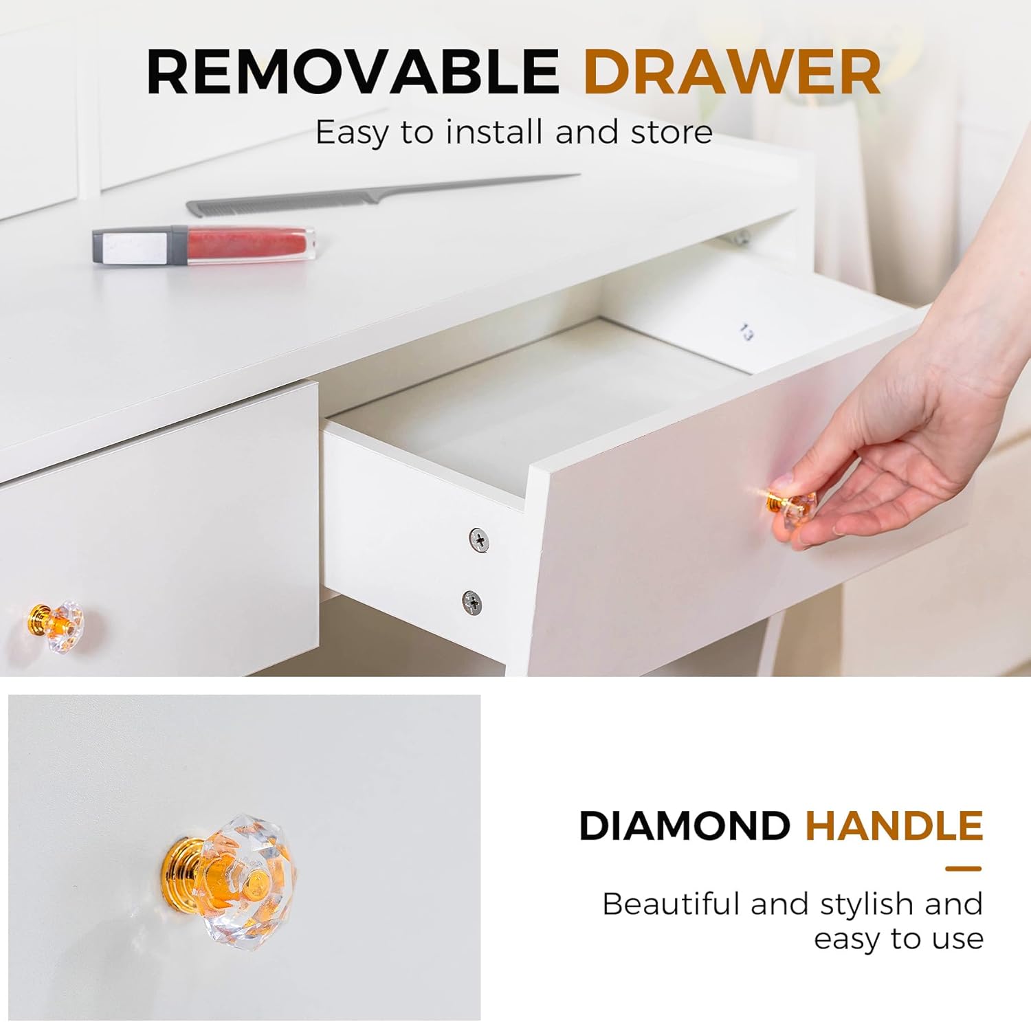 COMHOMA Makeup Vanity Desk with Mirror and Lights, Vanity Table and Chair Set with 5 Drawers & Charging Station, Modern Dressing Table for Girls, Stepless Dimmable & 3 Color Adjustable, Pearl White