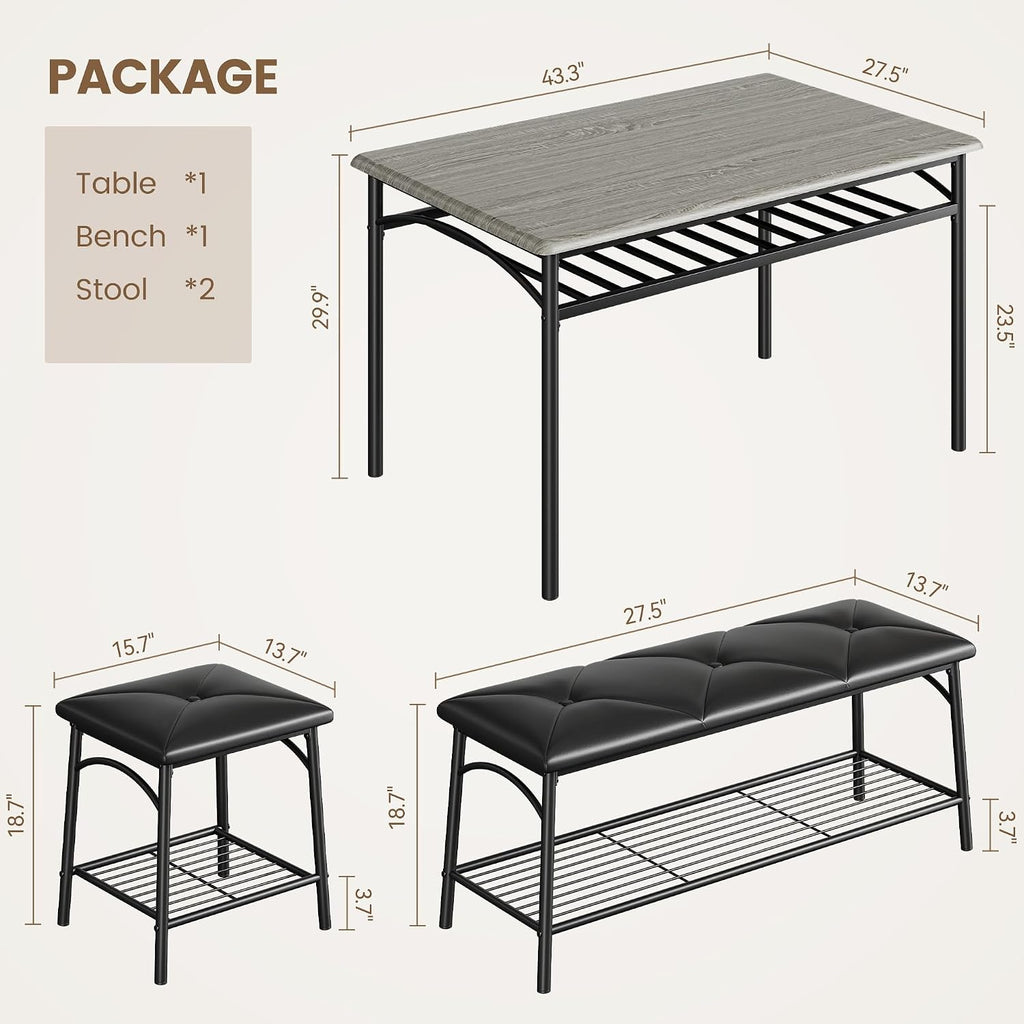 GAOMON Dining Table with Benches, Kitchen Table Set for 4, Dining Room Table Set with Upholstered Bench and Square Stools, Metal and Wood Dining Table Set for 4 with Storage for Small Space-Grey