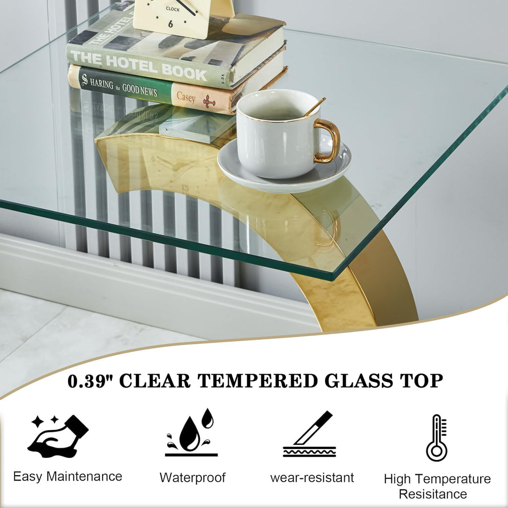 Modern Square Glass End Side Table with C-Shape Gold Stainless Steel Base, 22.83" Small Glass Top Bed Side Coffee Table Nightstand for Living Room Bedroom Office