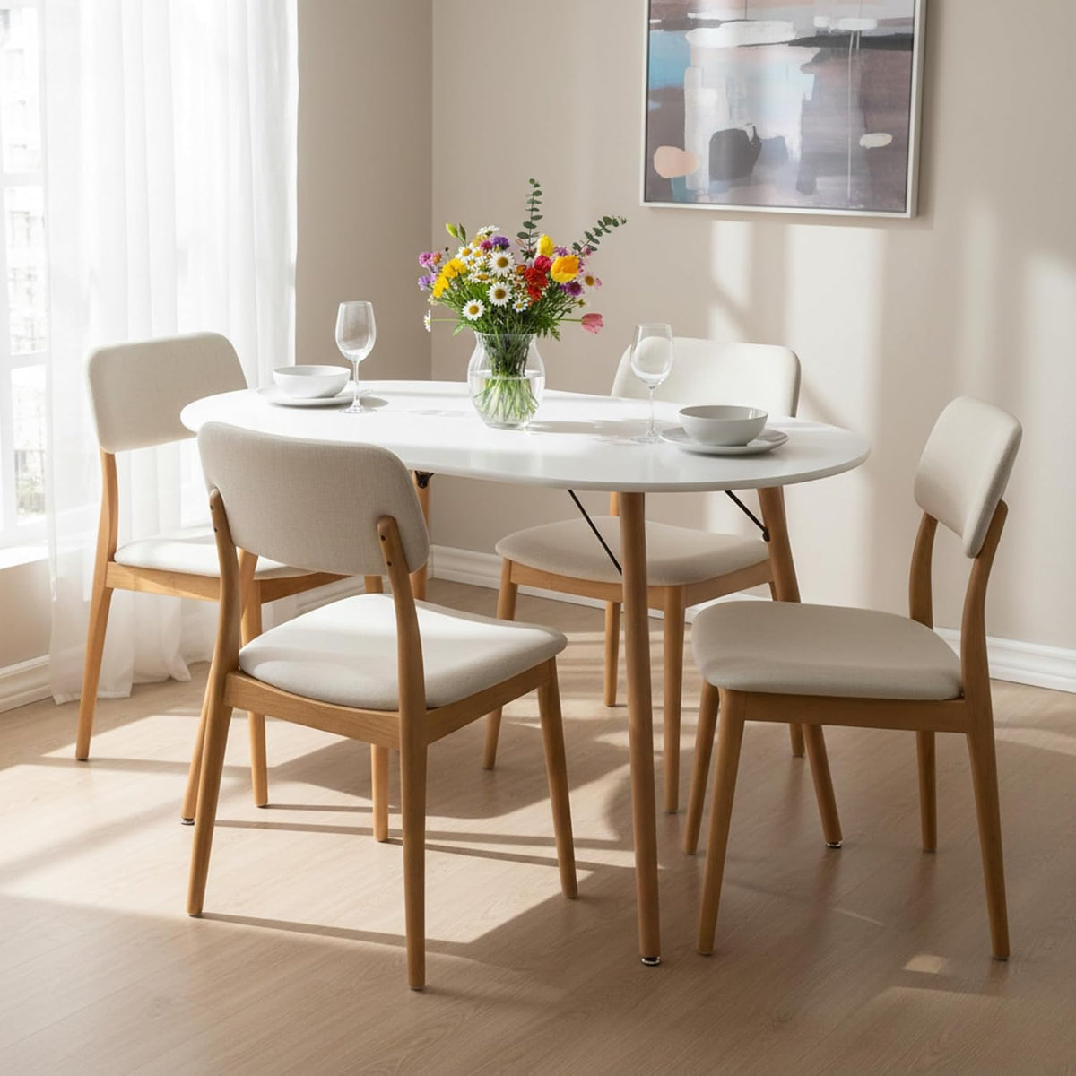 FurnitureR Dining Table Oval 47.2 Inch for 4-6 Person, Stylish Leisure Table Functional Table with Wooden Legs for Home Kitchen, Cafés, Small Places, White