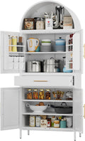 73”H Metal Arched Kitchen Pantry Cabinet with 1 Drawer, Farmhouse Pantry Cabinet with 4 Doors and 3 Adjustable Shelves for Kitchen, Dining Room, White