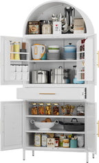 73”H Metal Arched Kitchen Pantry Cabinet with 1 Drawer, Farmhouse Pantry Cabinet with 4 Doors and 3 Adjustable Shelves for Kitchen, Dining Room, White
